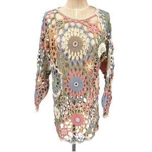 Jay Jacobs Vintage Crochet Knit Tunic Dress Coverup Beaded Pastel Boho One Size